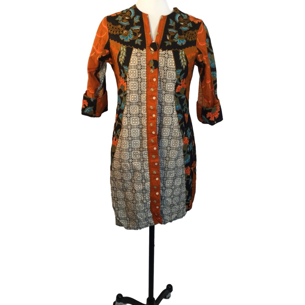 SOLD Boho Batik Cotton Shirt Dress Button Front small